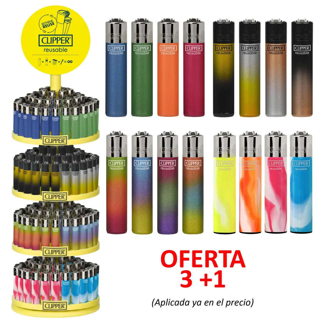 Selección de mecheros Clipper con acabados lisos, degradados y ondas de colores, junto a un expositor giratorio amarillo.