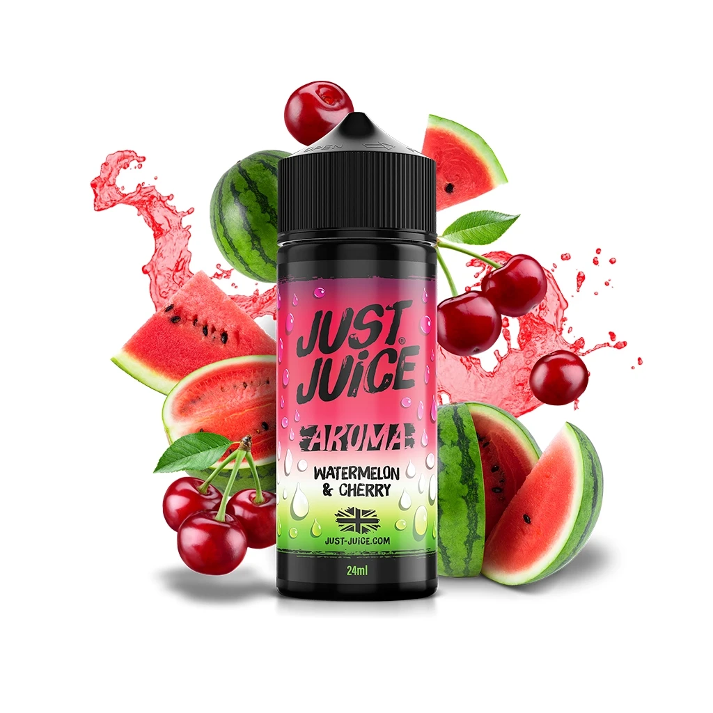 Bote Just Juice Watermelon & Cherry con tapón negro y etiqueta de 24 ml, rodeado de sandías, cerezas y salpicaduras rojas.