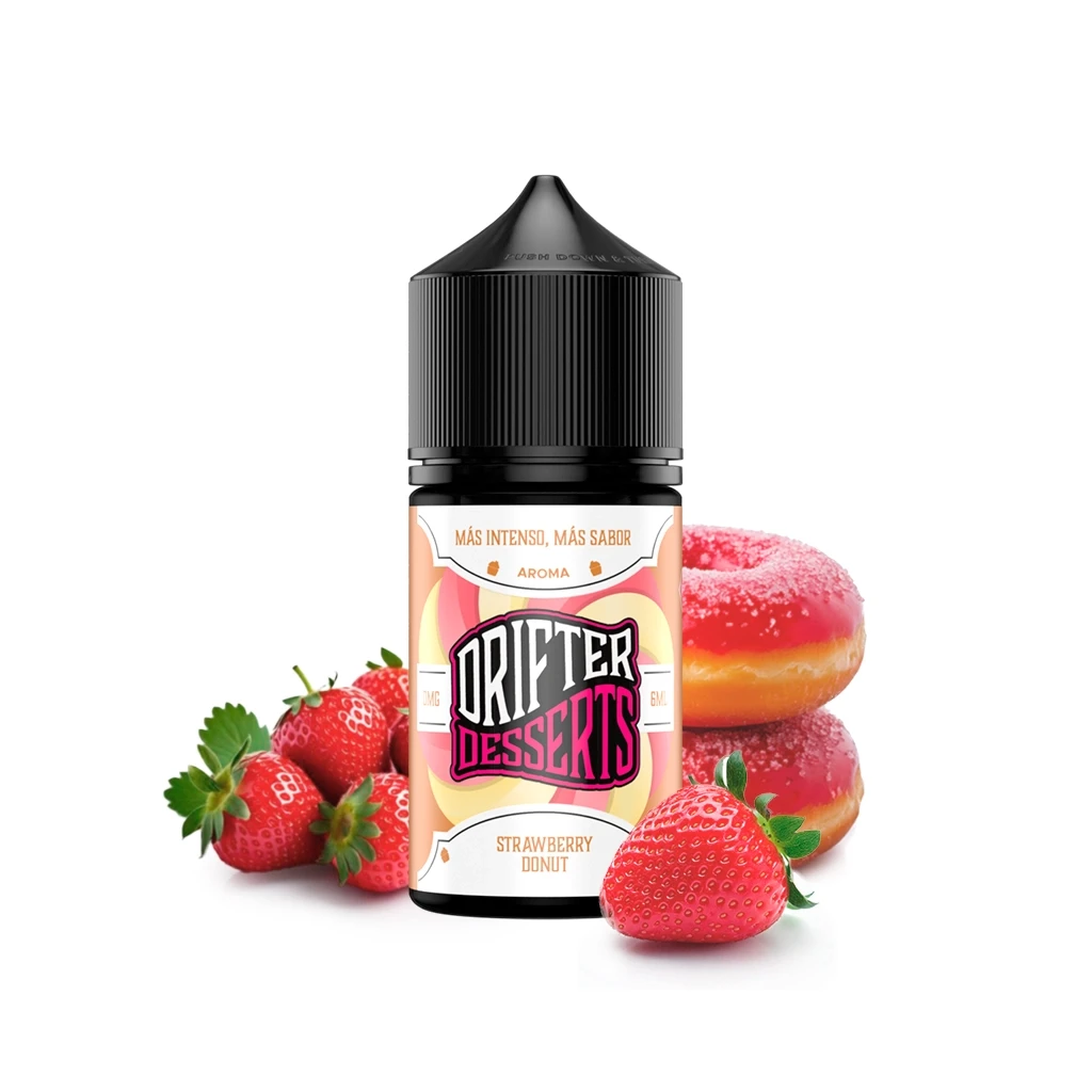 Frasco de Drifter Desserts Strawberry Donut con tapón negro, rodeado de fresas y dónuts con glaseado rosa sobre fondo blanco.