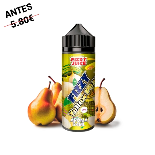 Frasco de Fizzy Juice Yellow Pear con etiqueta verde y amarilla y tapón negro, junto a peras enteras y una pera cortada.