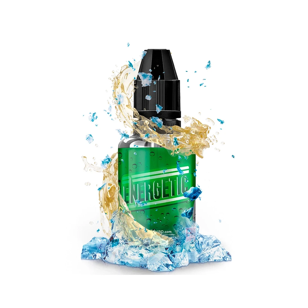Frasco de Oil4vap Energetic con etiqueta verde y tapón negro, rodeado de salpicaduras doradas y fragmentos de hielo azulados.