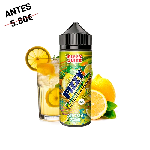 Bote de Fizzy Juice Lemonade Longfill de 24 ml con tapón negro, acompañado de limones y un vaso con hielo y rodajas de limón.