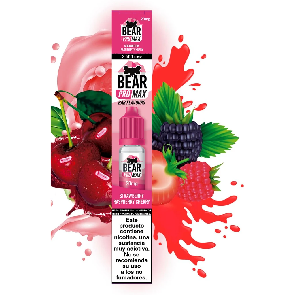 Envase rosa de Bear Pro Max Strawberry Raspberry Cherry 20 mg, con dibujo del frasco, frutas rojas y advertencia sobre nicotina.