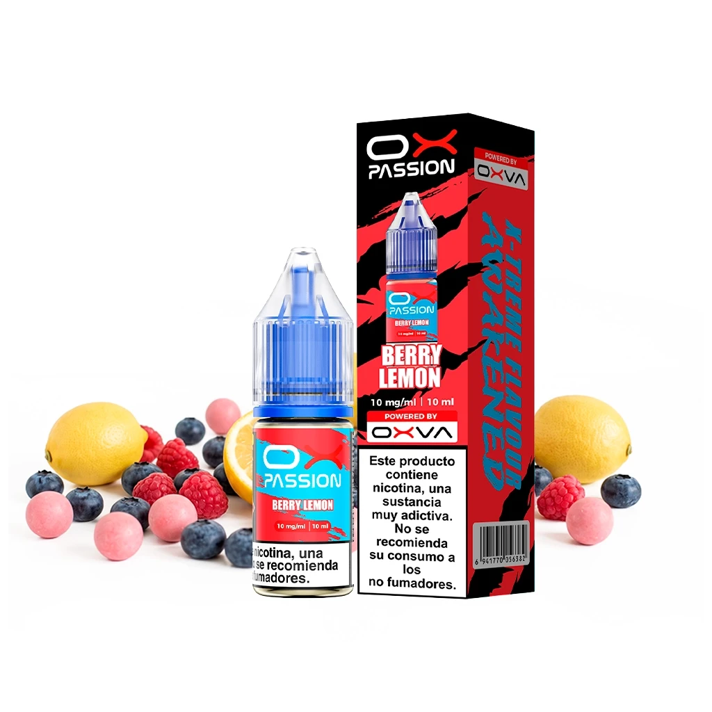 Frasco Ox Passion Berry Lemon con tapón azul y caja roja y negra, rodeado de limones y frutos rojos; etiqueta de 10 mg/ml y 10 ml.