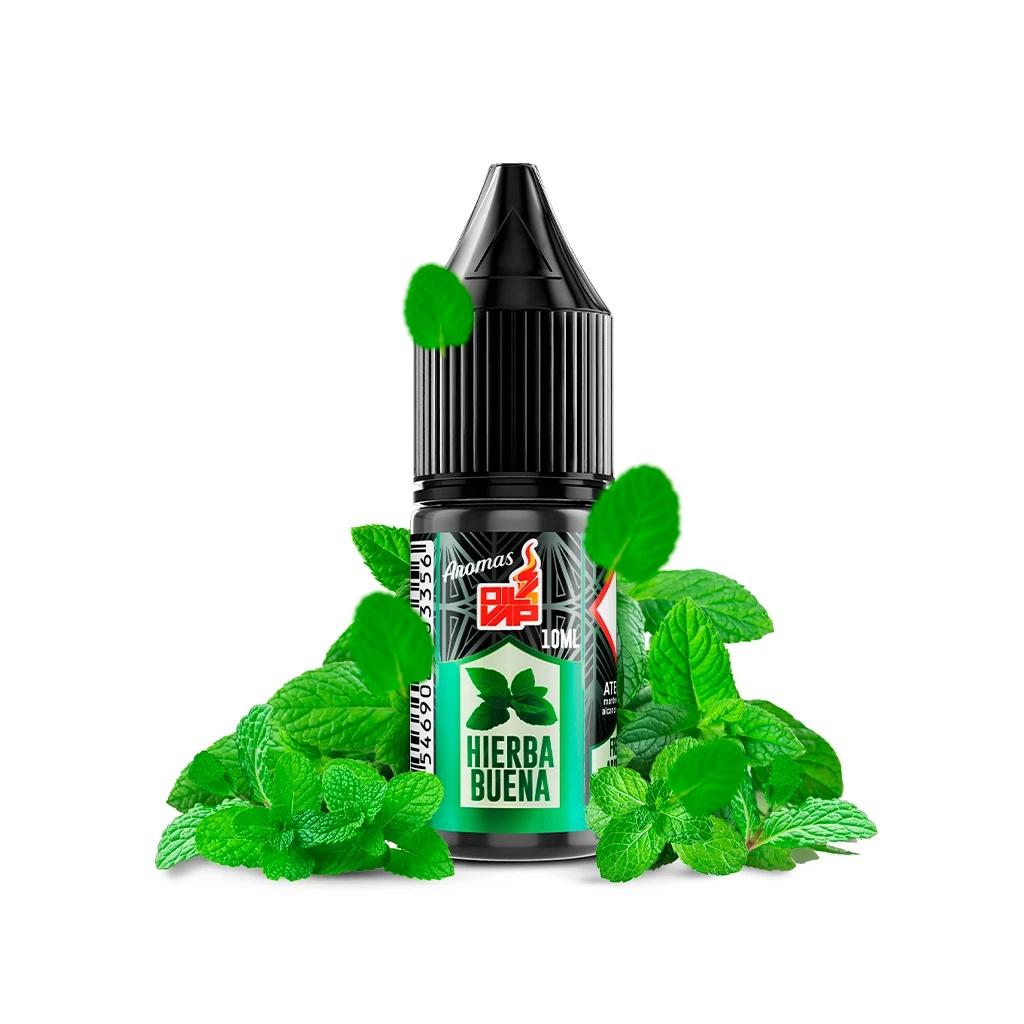 Frasco de Oil4Vap Aroma Hierbabuena con tapón negro y etiqueta verde que indica 10 ml, rodeado de hojas de hierbabuena sobre fondo blanco.