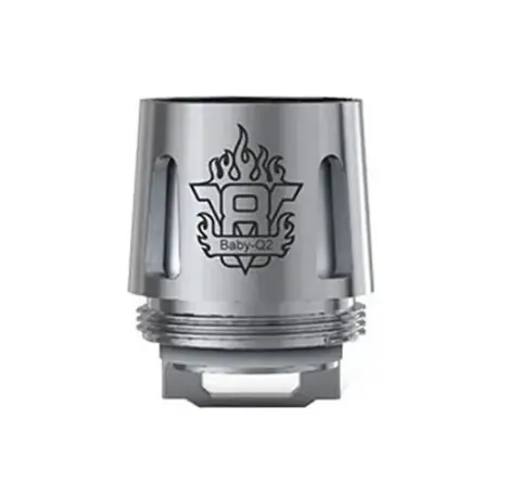 Resistencia SMOK TFV8 Baby-Q2 de acabado plateado, con rosca inferior, aberturas laterales y logotipo grabado.