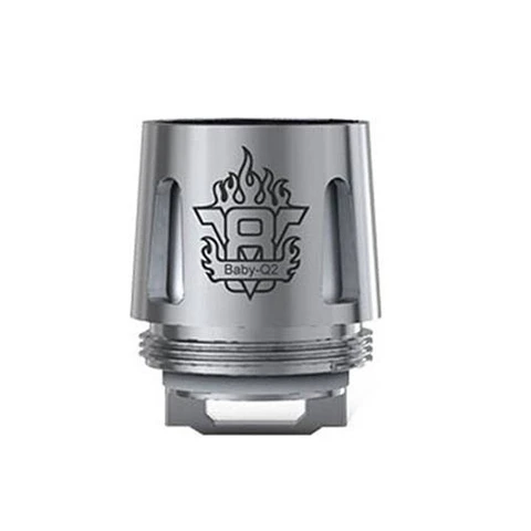 Resistencia SMOK TFV8 Baby-Q2 de acabado plateado, con rosca inferior, aberturas laterales y logotipo grabado.