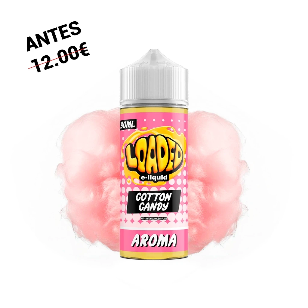Frasco Loaded con etiqueta rosa «Cotton Candy», «30ML» y «Aroma», tapón blanco y algodón de azúcar rosa al fondo.