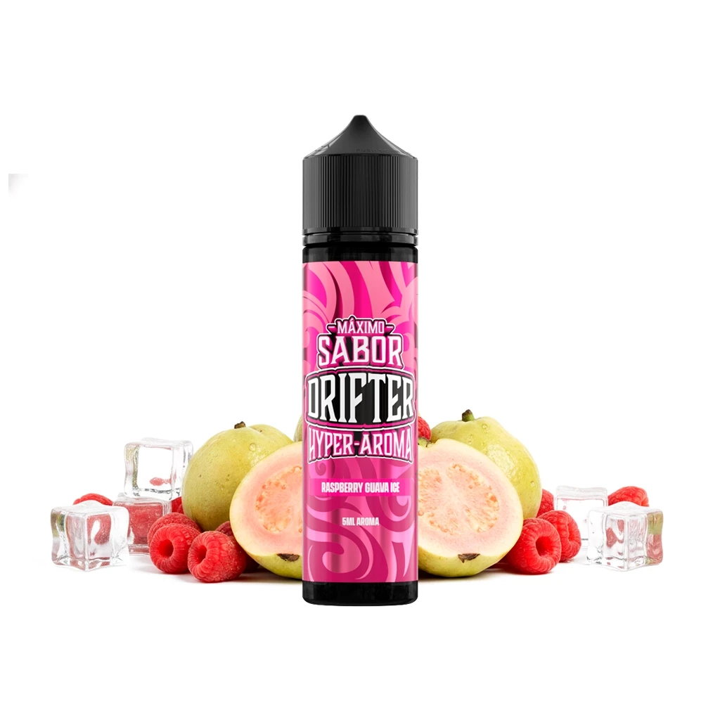 Frasco Drifter Hyper Raspberry Guava Ice con etiqueta rosa y tapón negro, rodeado de frambuesas, guayabas enteras y cortadas y cubitos de hielo.