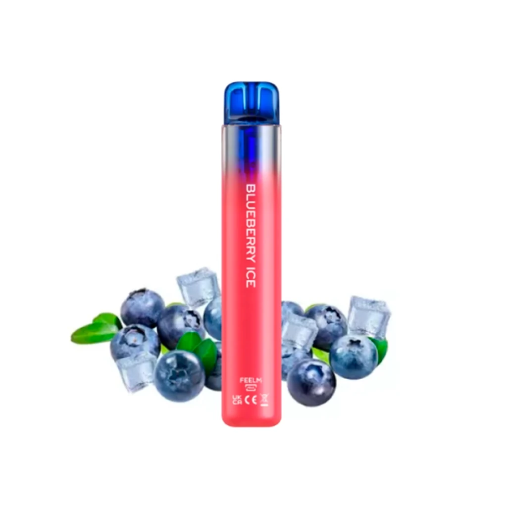 Vaper Vozol Neon Blueberry Ice con cuerpo rosa y boquilla azul, rodeado de arándanos, hojas verdes y cubitos de hielo.