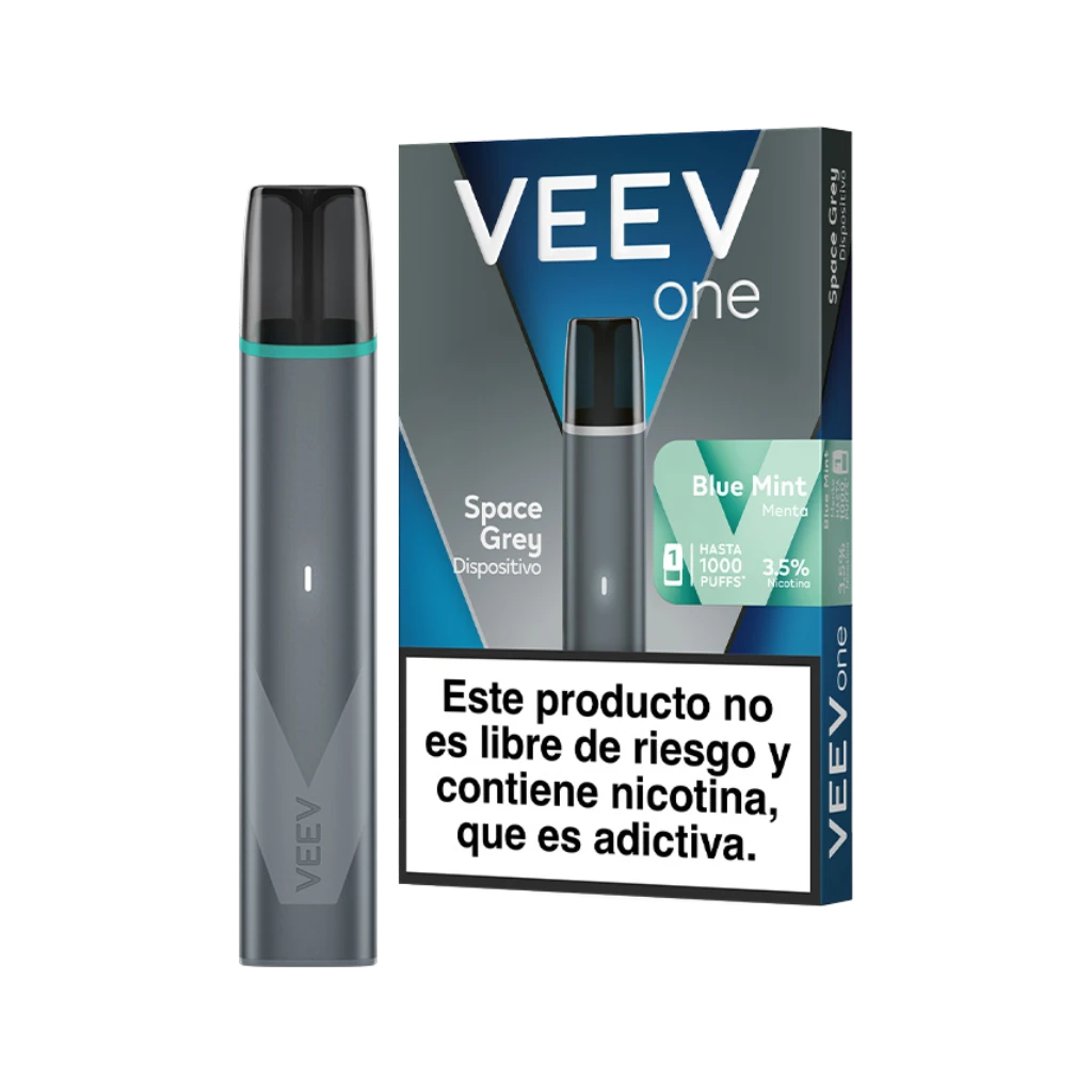 Dispositivo VEEV One gris junto a su caja Blue Mint, con indicación de nicotina al 3,5 % y advertencia sanitaria en español.