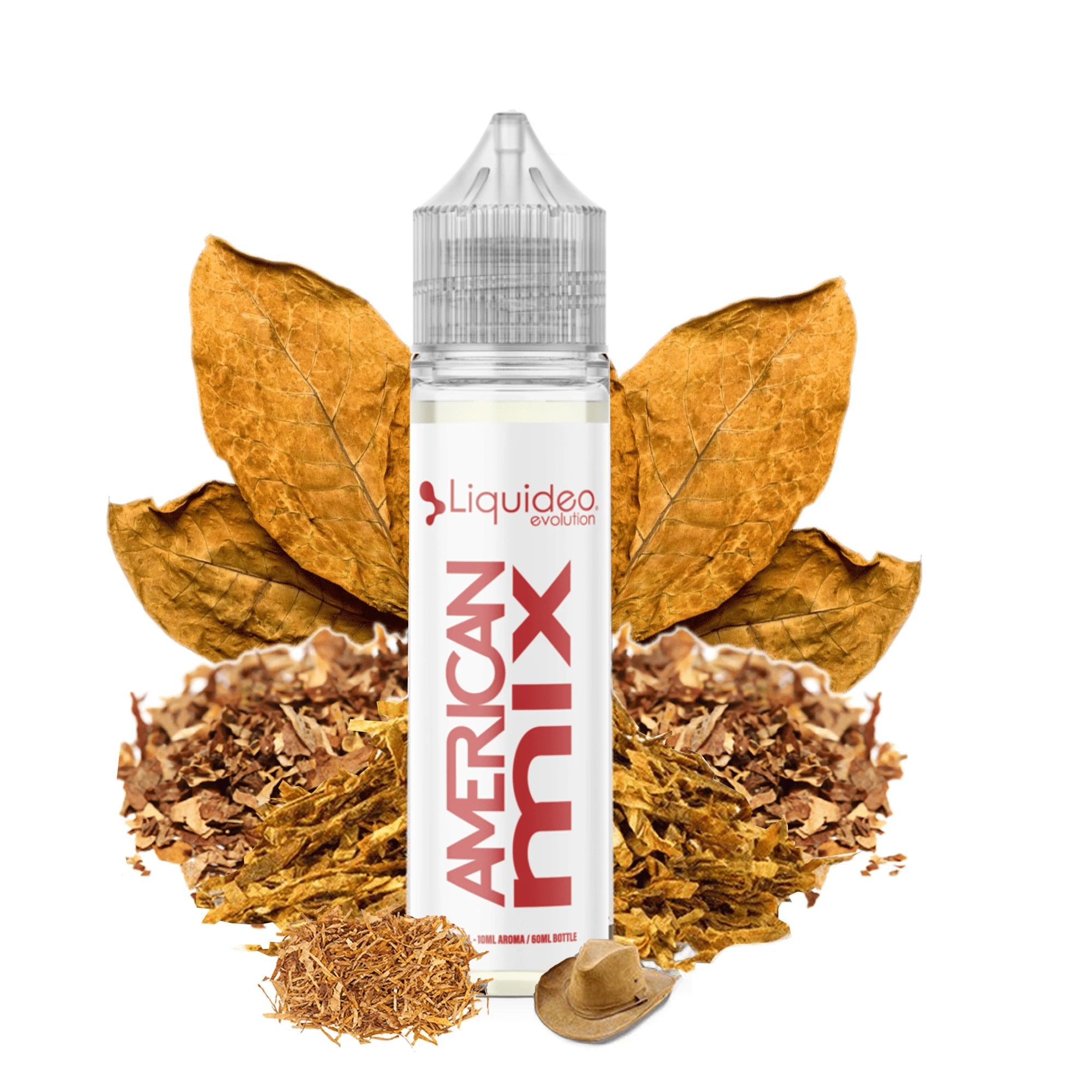 Botella Liquideo Evolution American Mix con tapón transparente y letras rojas, rodeada de hojas secas, tabaco picado y un pequeño sombrero.