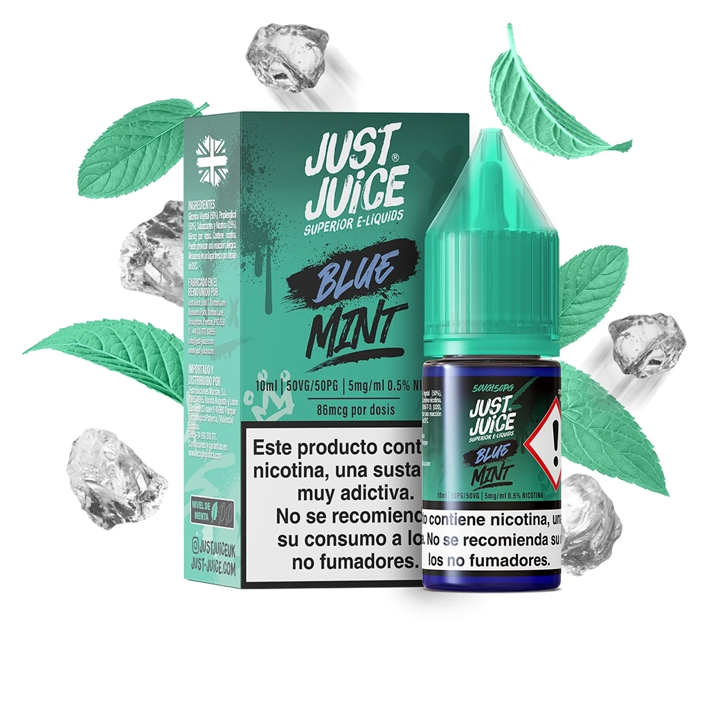 Frasco con tapón verde y caja Just Juice Blue Mint, rodeados de hojas de menta y cubitos de hielo, con advertencias sobre nicotina visibles.