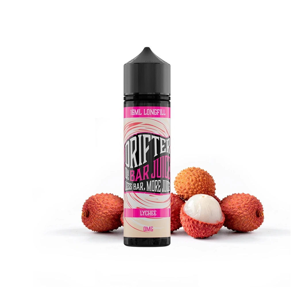 Bote Drifter Bar Lychee Longfill de 16 ml con tapón negro y etiqueta rosa, rodeado de lichis enteros y uno abierto.