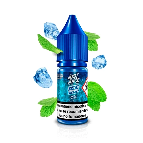 Frasco azul de Pure Mint Ice 20mg de Just Juice Salt, rodeado de hojas de menta y cubitos de hielo sobre fondo blanco.