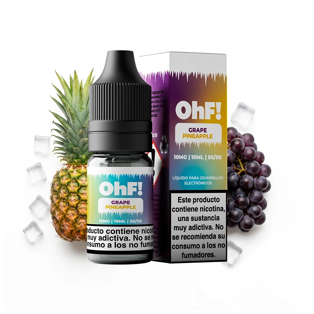 Frasco y caja OhF! Grape Pineapple de 10 ml y 10 mg, con advertencia de nicotina, junto a piña, uvas y cubitos de hielo.