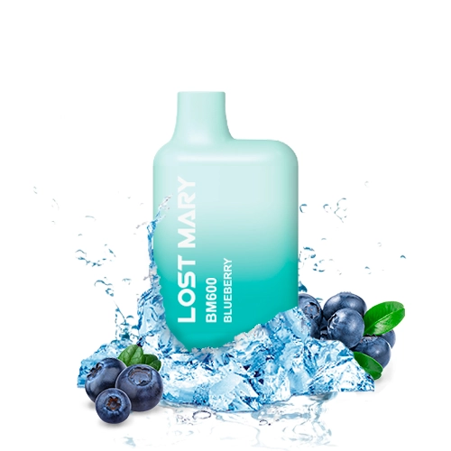 Vapeador Lost Mary BM600 Blueberry en degradado turquesa, rodeado de arándanos, hielo y salpicaduras de agua sobre fondo blanco.