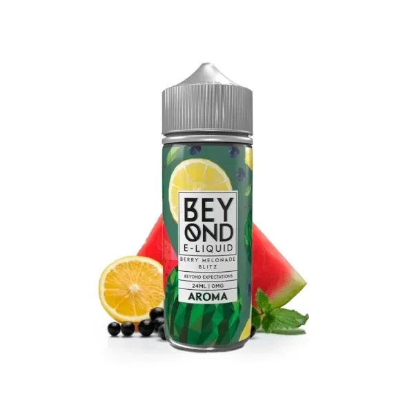 Bote de Beyond Berry Melonade Blitz con tapón gris y etiqueta verde, acompañado de sandía, medio limón, bayas oscuras y menta.