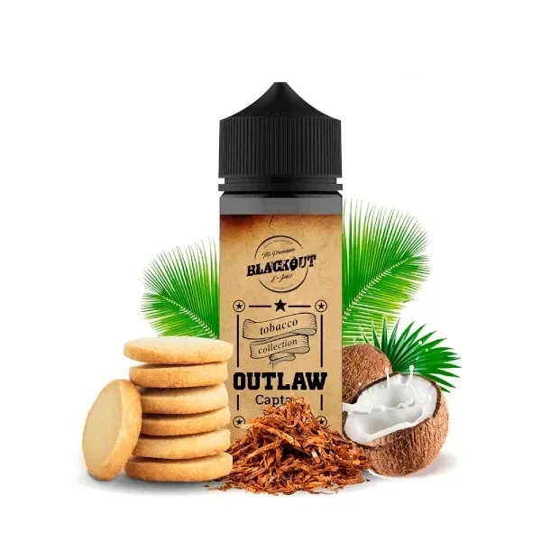 Frasco Blackout Outlaw Captain con tapón negro, acompañado de galletas, coco abierto y hojas de tabaco picadas sobre fondo blanco.