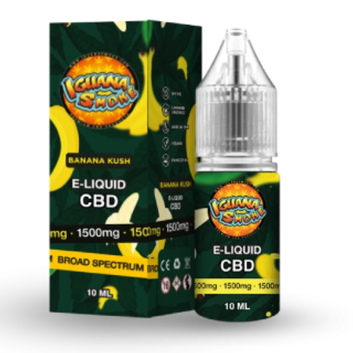 Frasco y caja de Banana Kush de Iguana Smoke, con diseño verde y amarillo y textos «E-liquid CBD», «Broad Spectrum» y «10 ml».