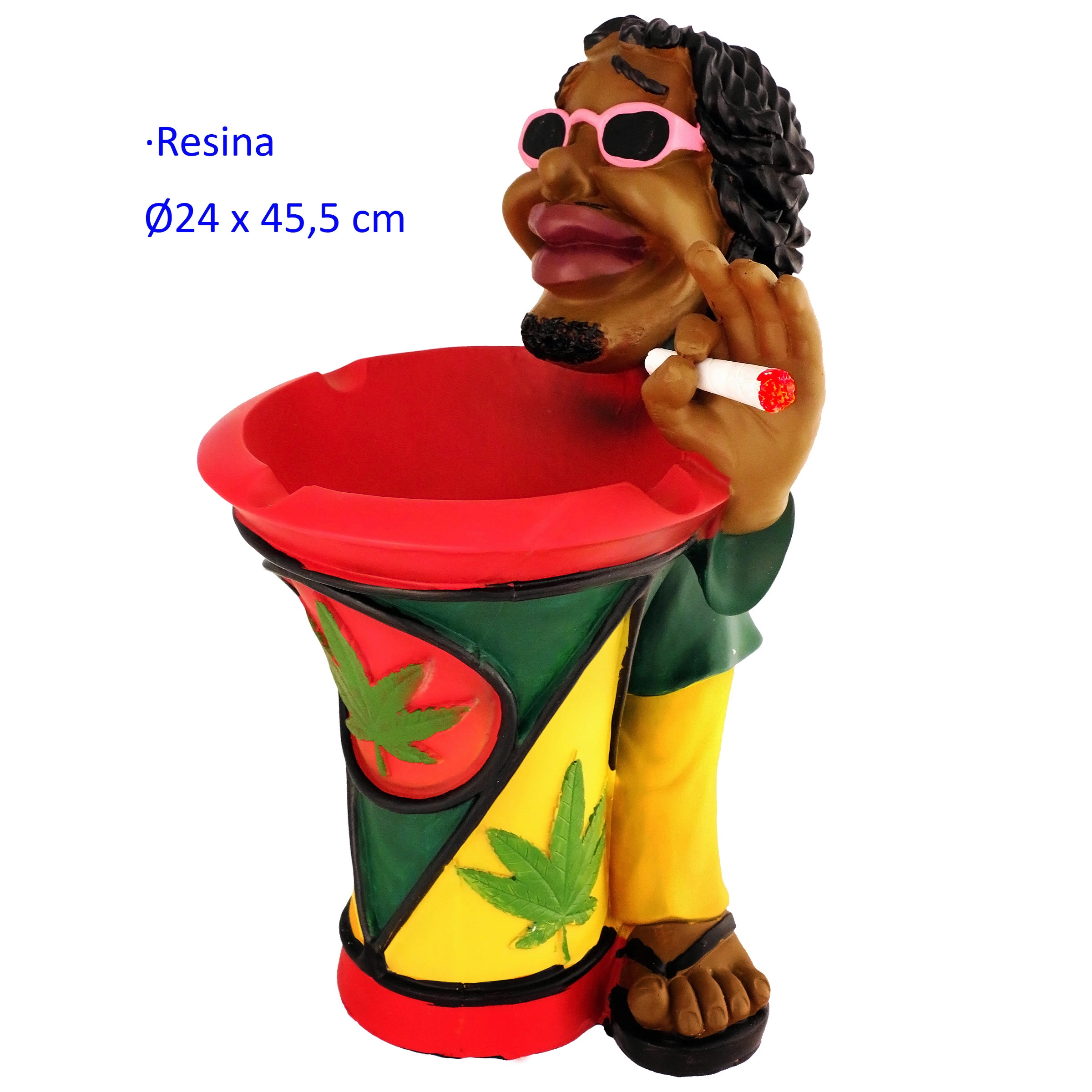 Cenicero de resina con cuenco rojo y figura de pelo negro y gafas rosas sosteniendo un cigarrillo, decorado con hojas verdes.
