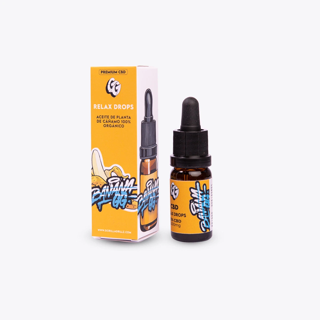 Frasco ámbar de Gorilla Drops con cuentagotas negro y etiqueta amarilla, junto a su caja con el texto Relax Drops y dibujos de plátanos.