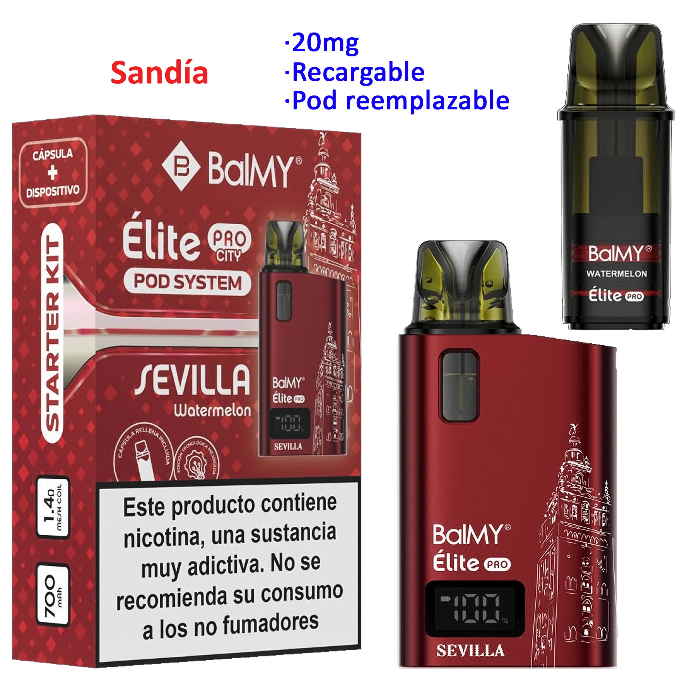 Kit Balmy Élite Pro Watermelon con caja roja, dispositivo Sevilla con pantalla y pod separado; texto de sandía, 20 mg y recargable.