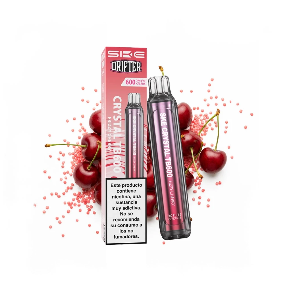 Vaper SKE x Drifter Crystal TB600 Fizzy Cherry junto a su caja rosa con advertencia de nicotina, rodeado de cerezas y pequeñas esferas rosas.