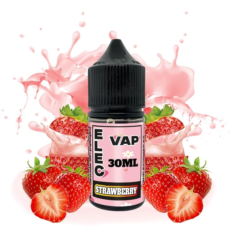 Frasco de aroma Strawberry de Elecvap con etiqueta rosa de 30 ml y tapón negro, rodeado de fresas y salpicaduras rosas.