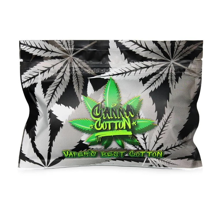 Bolsa de Canna Cotton con hojas de cannabis en blanco y negro y logotipo verde central sobre fondo blanco.
