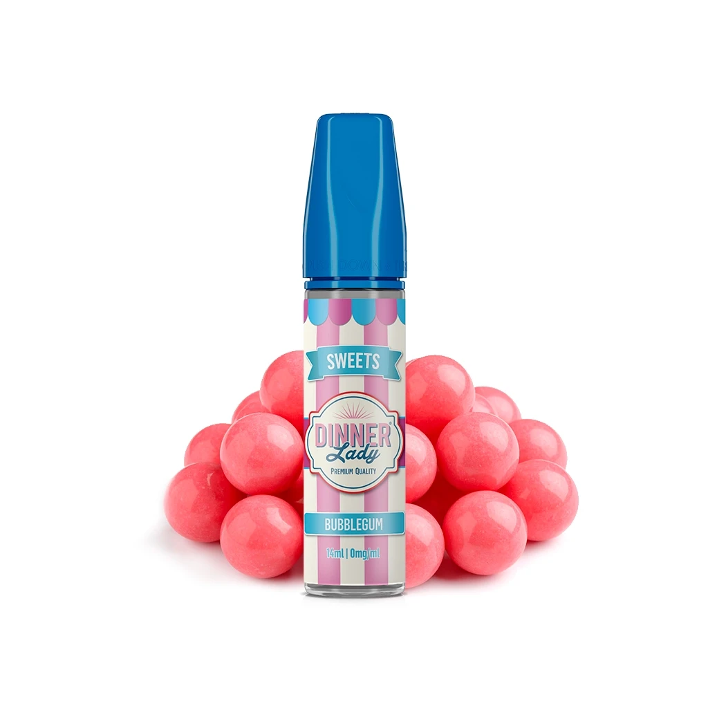 Frasco Dinner Lady Bubblegum Longfill de 14 ml con tapón azul y etiqueta de rayas rosas, rodeado de bolas de chicle rosas.