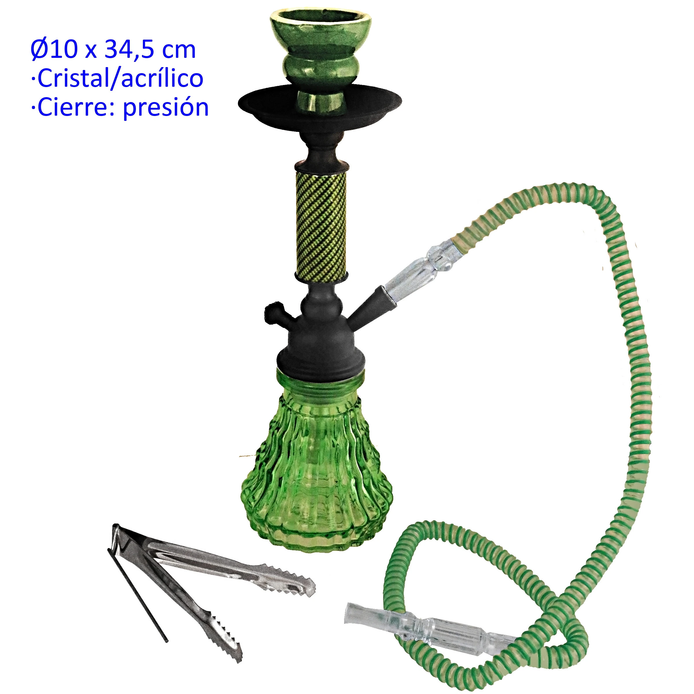 Shisha verde de 34,5 cm con base de cristal labrada, cuerpo negro, manguera verde con boquilla transparente y pinzas al lado.