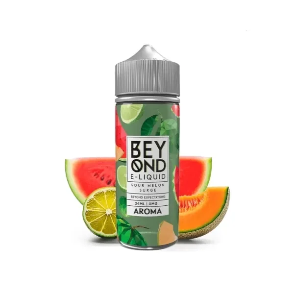 Bote Beyond Sour Melon Surge con tapón gris y etiqueta verde, acompañado de rodajas de sandía, melón y lima sobre fondo blanco.