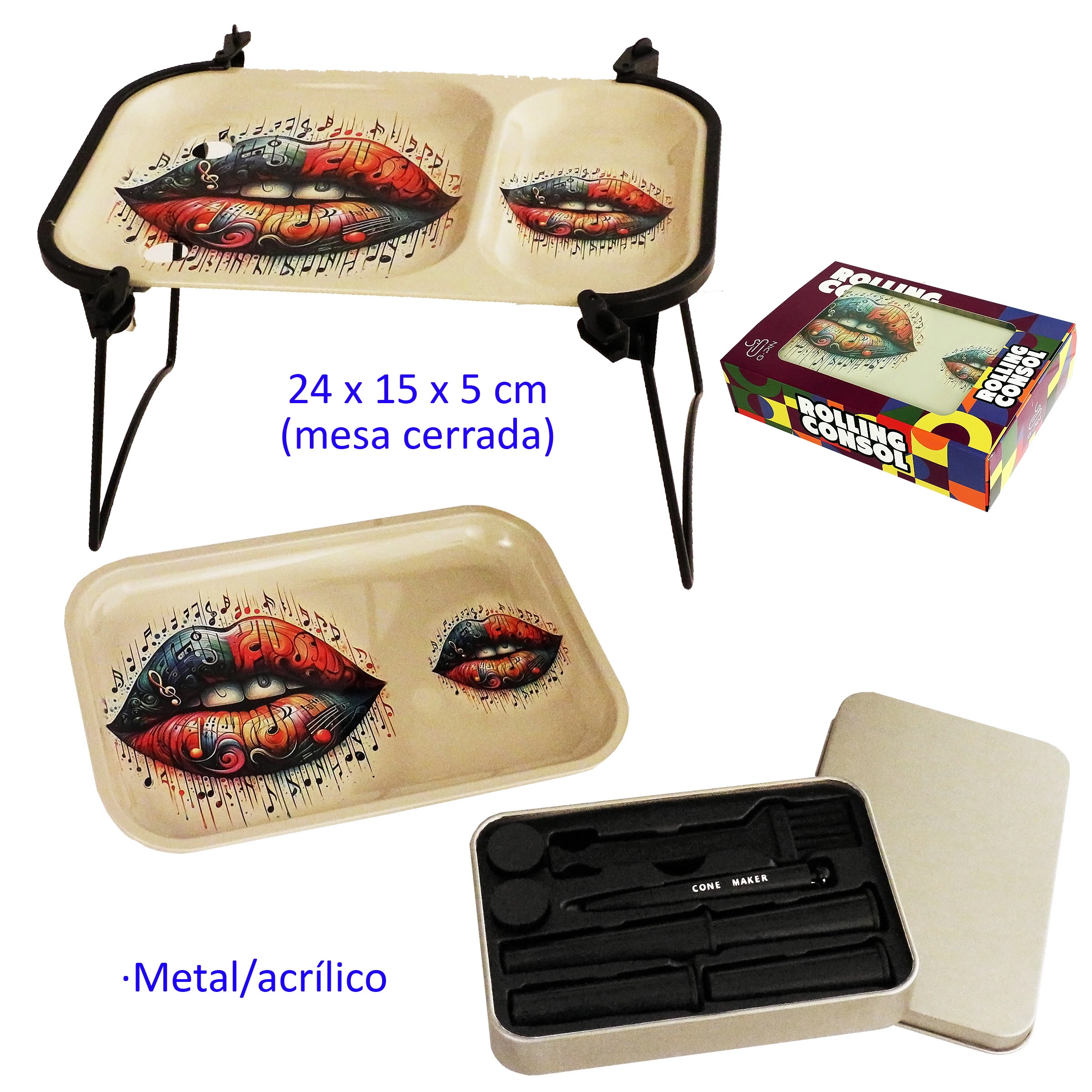 Composición de bandeja con labios multicolores y notas musicales, mostrada con patas desplegadas y sin patas, junto a una caja y un estuche abierto con accesorios.