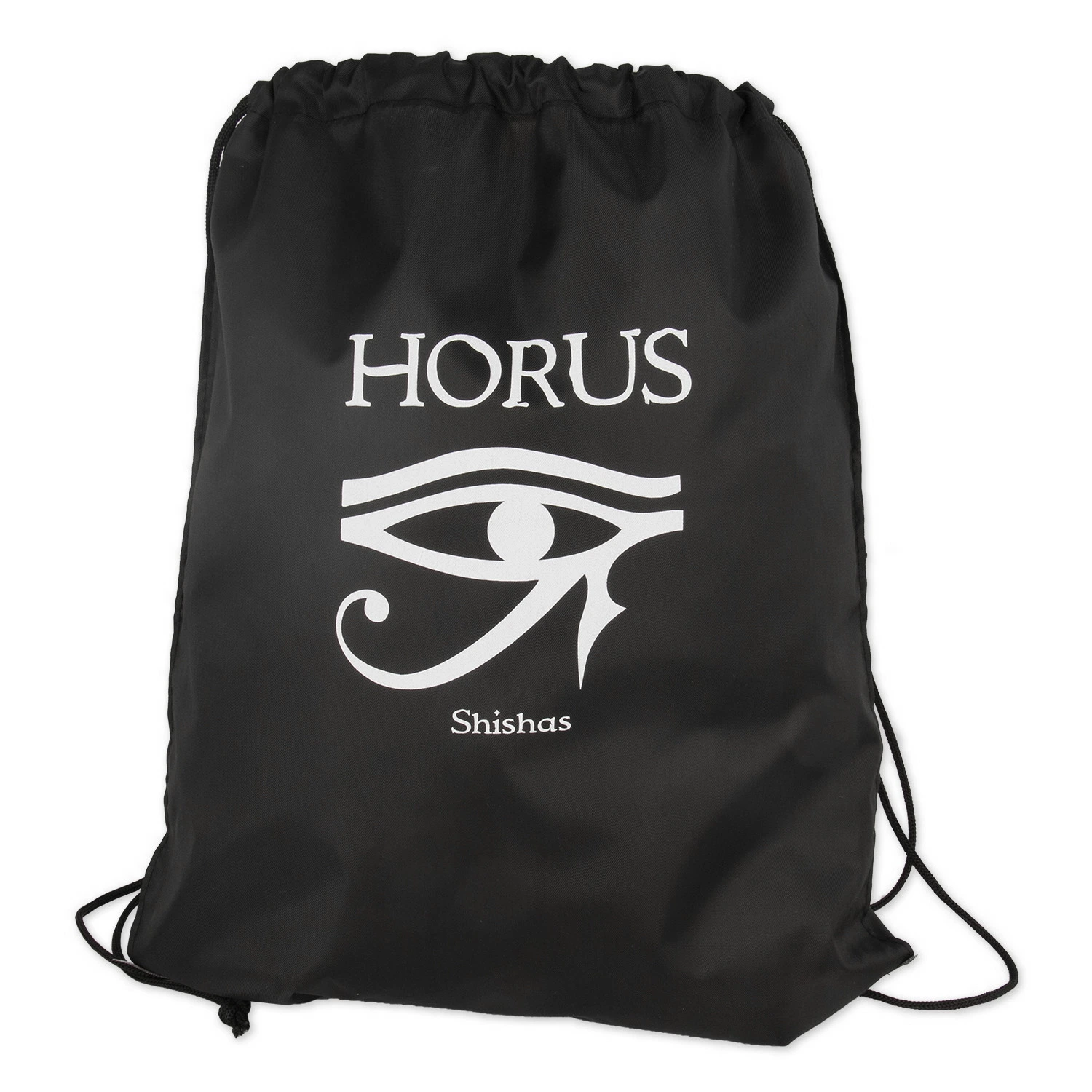 Mochila negra HORUS para cachimba, con cierre de cordones y un gran ojo de Horus blanco bajo el nombre de la marca.