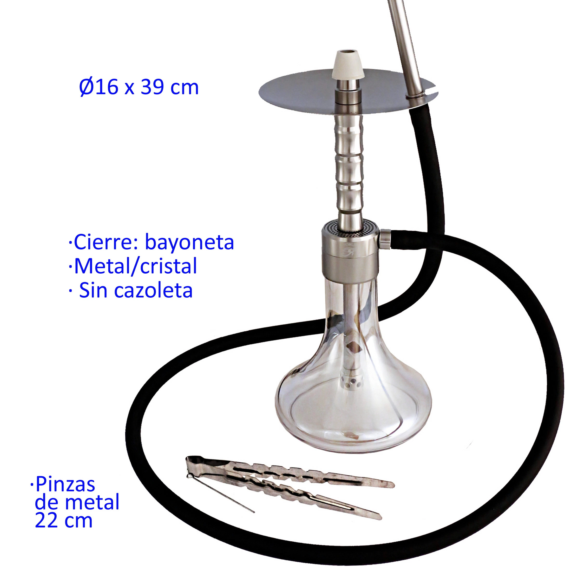 Shisha plateada con base transparente, manguera negra y pinzas metálicas, sin cazoleta, sobre fondo blanco.
