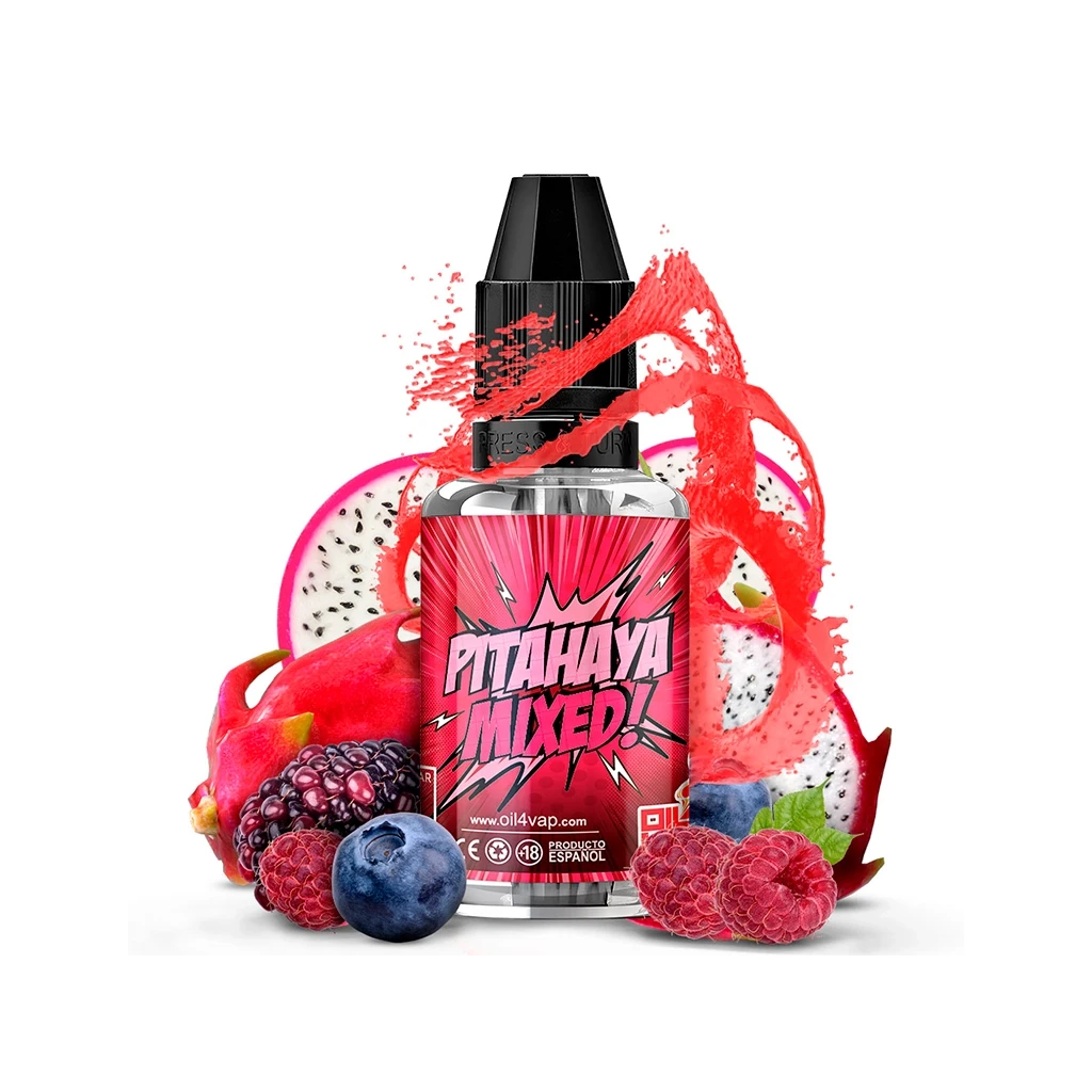 Frasco Oil4Vap Pitahaya Mixed con tapón negro y etiqueta rosa, rodeado de pitahaya, frutos rojos y salpicaduras rojas.