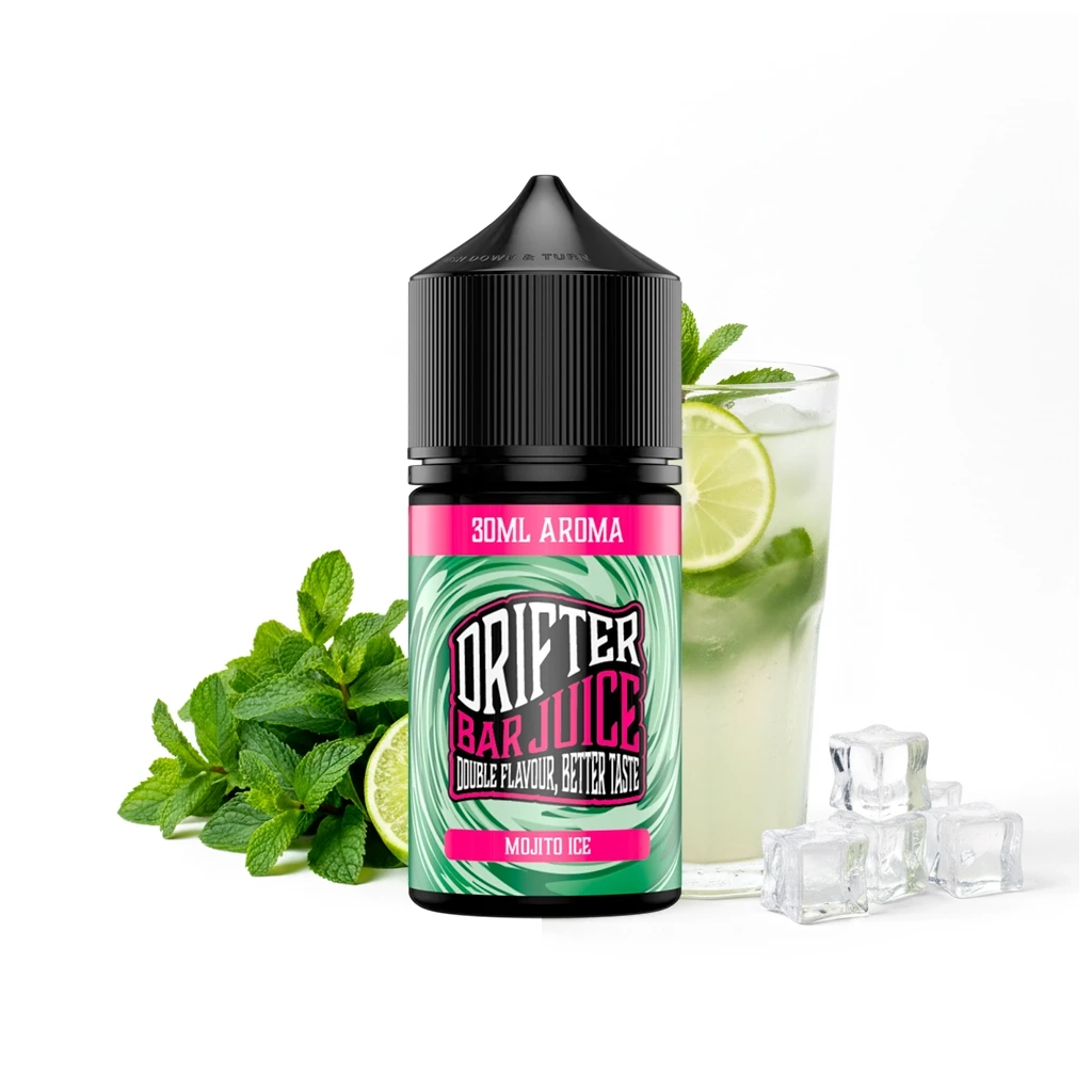 Frasco de aroma Drifter Mojito Ice de 30 ml, con etiqueta verde y rosa, junto a menta, lima, hielo y un vaso con bebida.