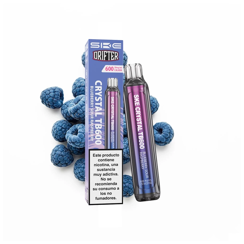 Vapeador SKE x Drifter Crystal TB600 Blue Sour Raspberry junto a su caja, con diseño violeta y azul y frambuesas azules alrededor.