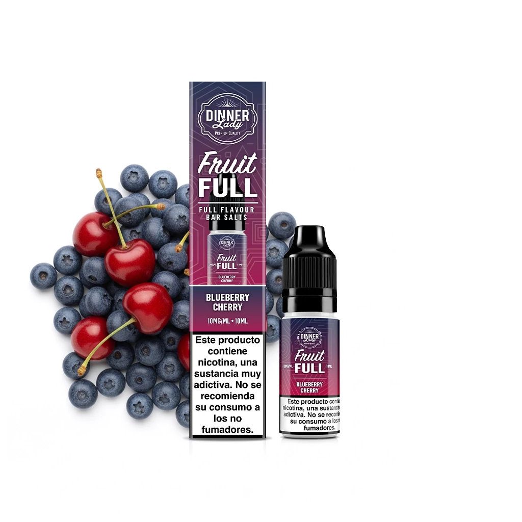 Frasco y caja Dinner Lady Fruit Full Blueberry Cherry, junto a arándanos y cerezas, con advertencia de nicotina en español.