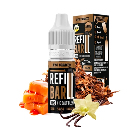 Frasco y caja Refill Bar Salts RY4 Tobacco con hojas de tabaco, caramelos y una flor clara junto a vainas oscuras.