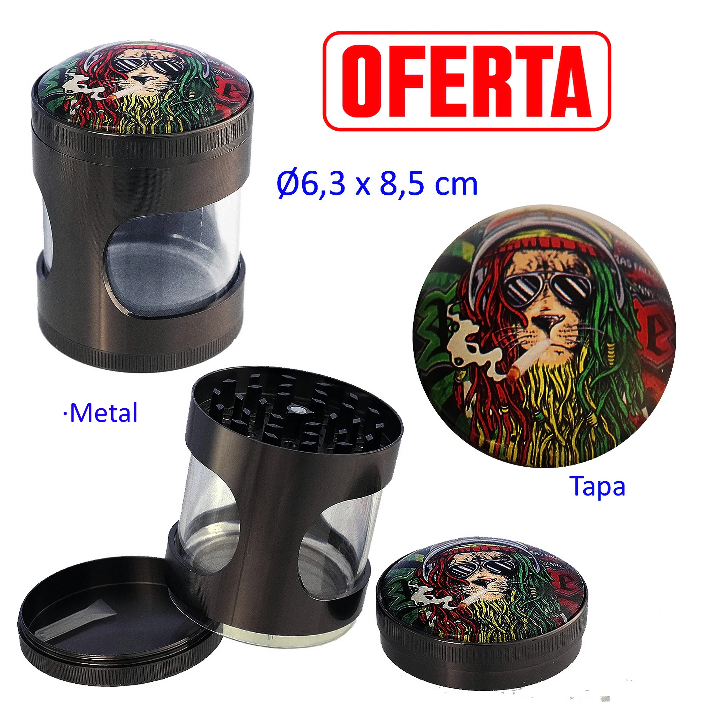Grinder Rasta Skull con ventana transparente, mostrado cerrado y desmontado, con dientes visibles y un león ilustrado en la tapa.