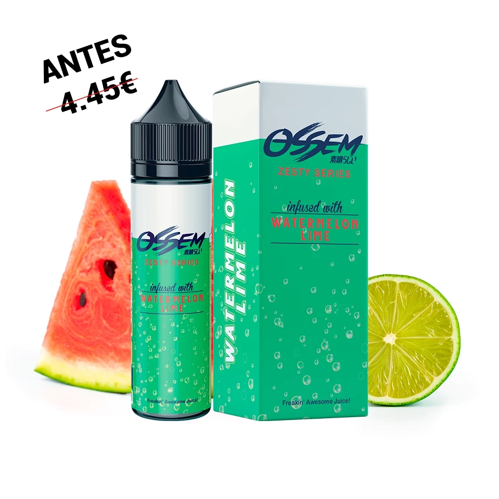 Frasco con tapón negro y caja verde de Ossem Watermelon Lime, junto a una porción de sandía y media lima sobre fondo blanco.