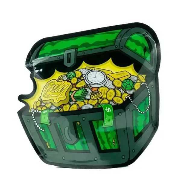 Envase de OnlyCBD Tiny Gems con silueta de cofre abierto, decorado en verde y negro con monedas, joyas y billetes ilustrados.