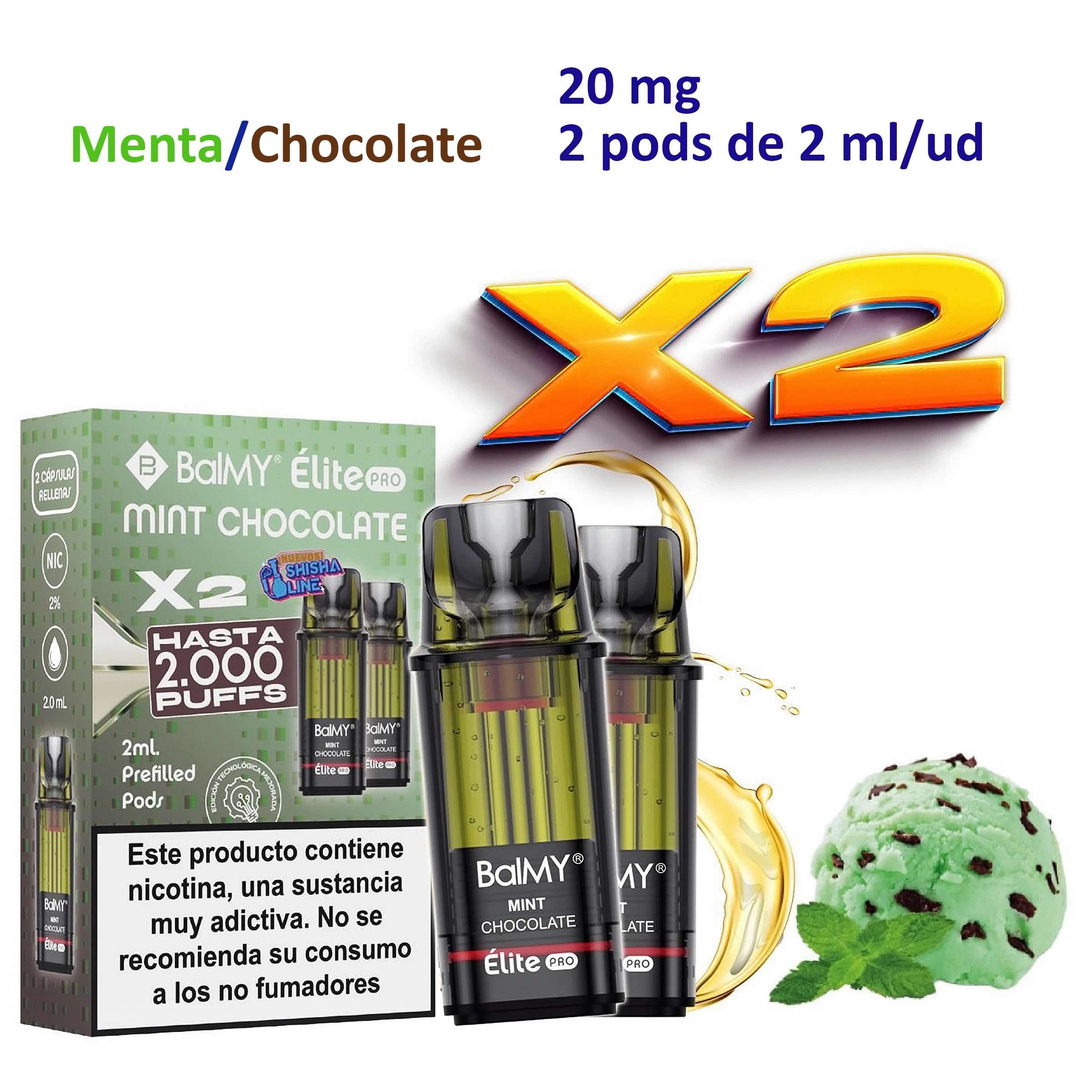 Pods Mint Chocolate BALMY ÉLITE PRO junto a su caja, con indicaciones de 20 mg y 2 ml por unidad, helado de menta y trozos de chocolate.