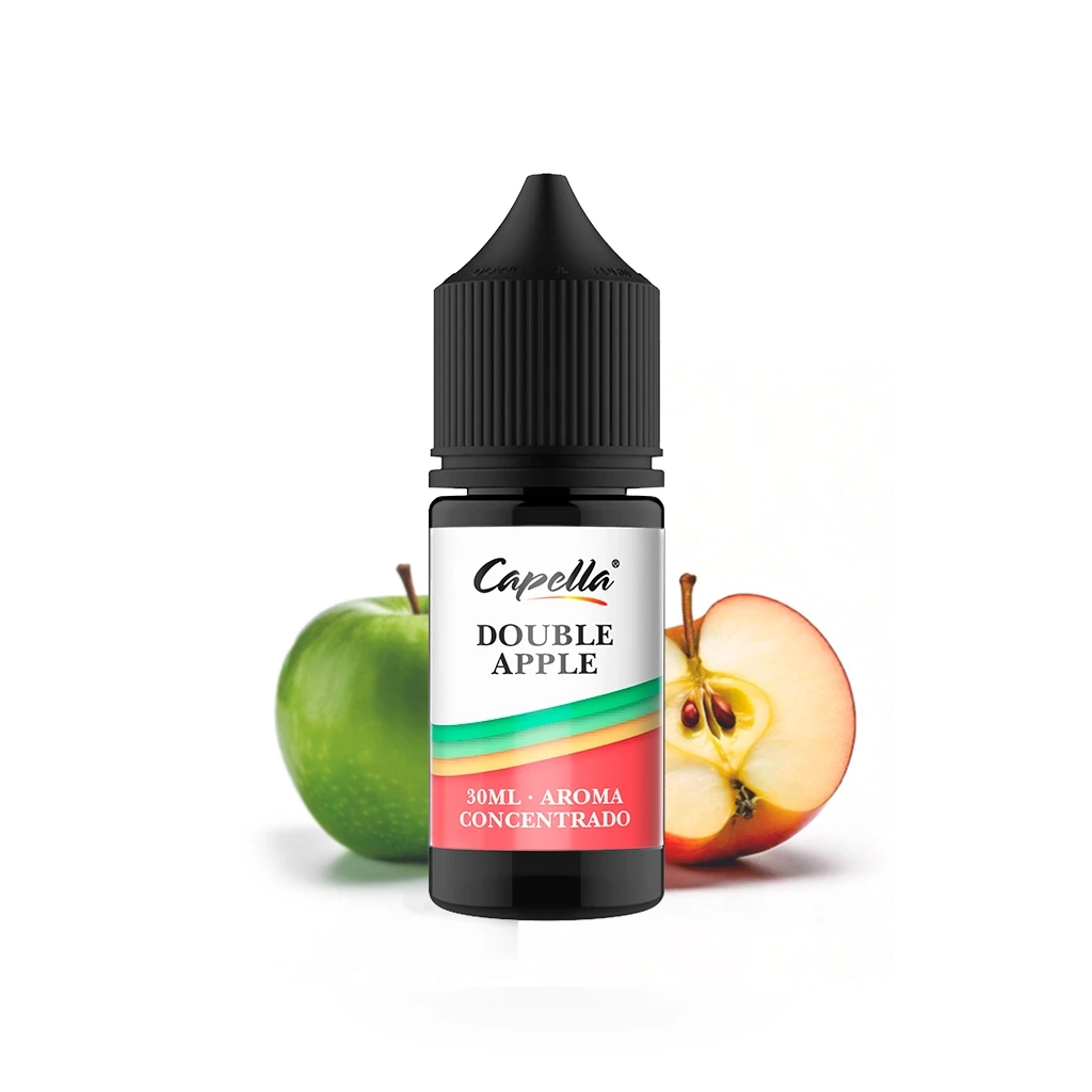 Frasco de aroma Capella Double Apple de 30 ml con tapón negro, delante de una manzana verde y media manzana roja sobre fondo blanco.
