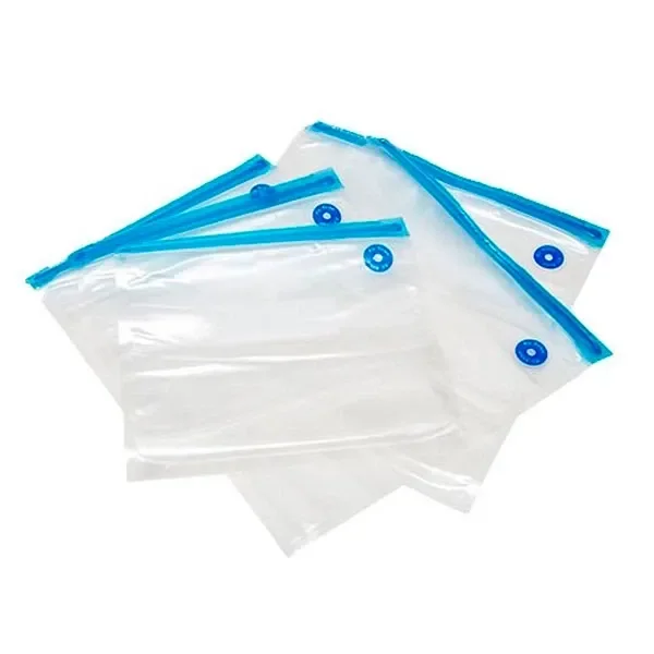 Varias bolsas transparentes para envasado al vacío Vacumax, superpuestas, con cierres azules y válvulas circulares sobre fondo blanco.
