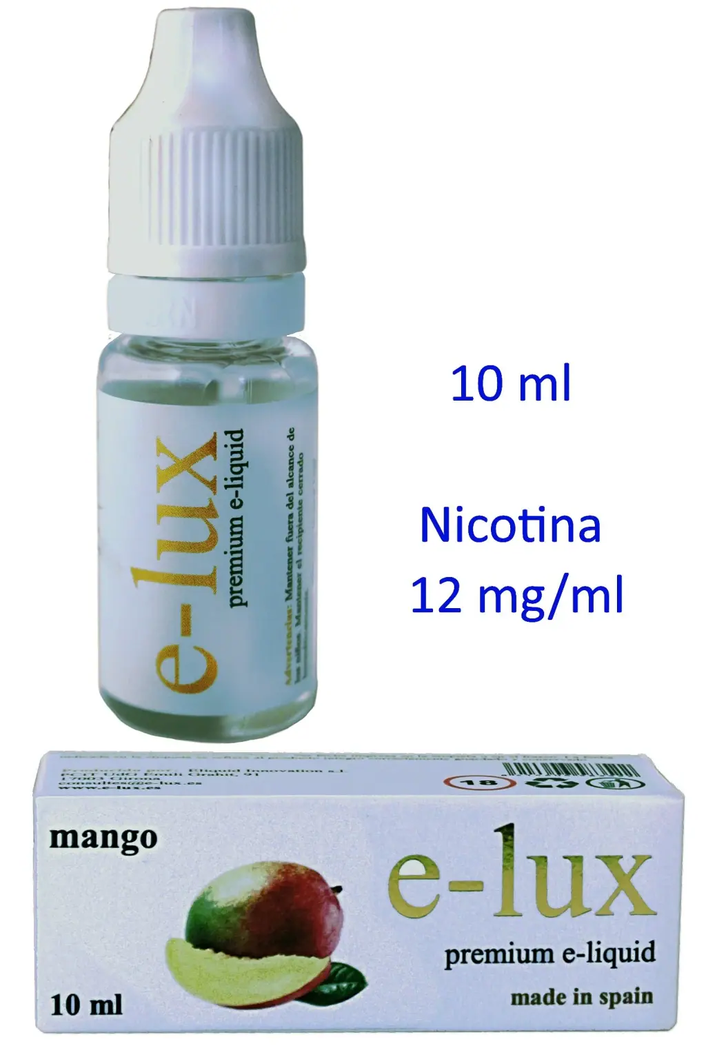 Frasco de e-lux Mango con tapón blanco y caja ilustrada con un mango; el texto indica 10 ml y nicotina de 12 mg/ml.