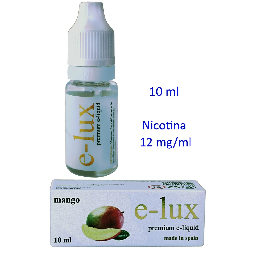 Frasco de e-lux Mango con tapón blanco y caja ilustrada con un mango; el texto indica 10 ml y nicotina de 12 mg/ml.