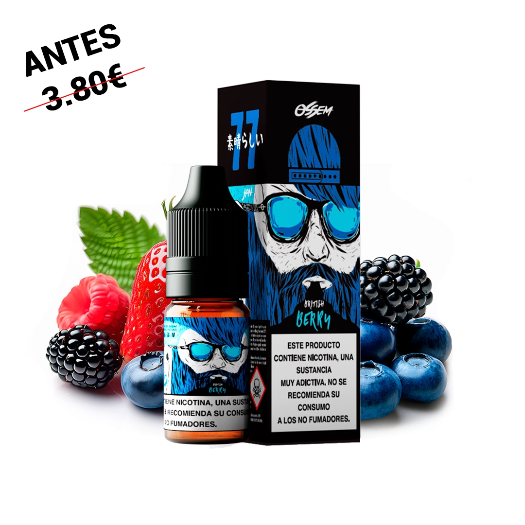 Frasco y caja de Ossem Salts British Berry, con un rostro barbudo con gafas azules y frutos rojos y arándanos alrededor.